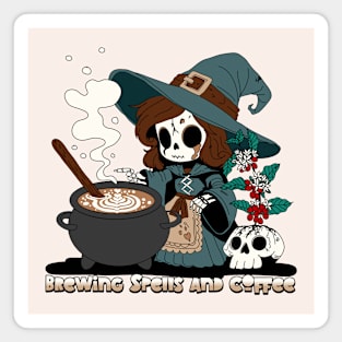 Witch Brewing up Spells and Coffee Magnet